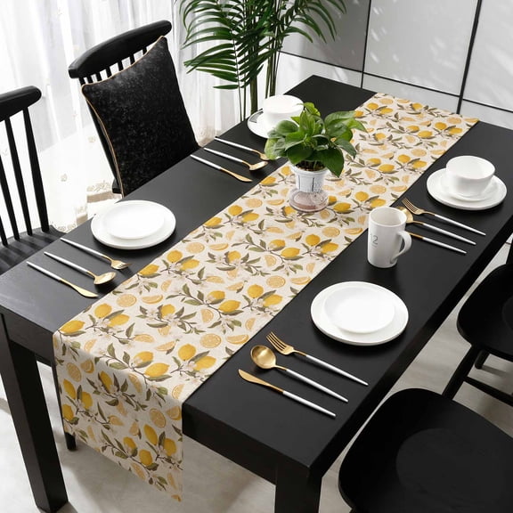 Vintage Summer Lemon Cotton Linen Table Runner 13 x 70 inch Green Leaves White Floral Non-slip Rectangular Dining Table Decor for Wedding Party Holiday Dinner