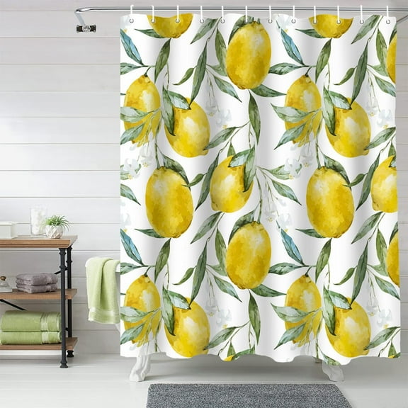 Vintage Summer Lemon Shower Curtain, Tropical Fruit Leaf Shower Curtain Set with Hooks, Spring Summer Waterproof Fabric Shower Curtains for Bathroom Decor, 72x72 Inch Bath Curtain