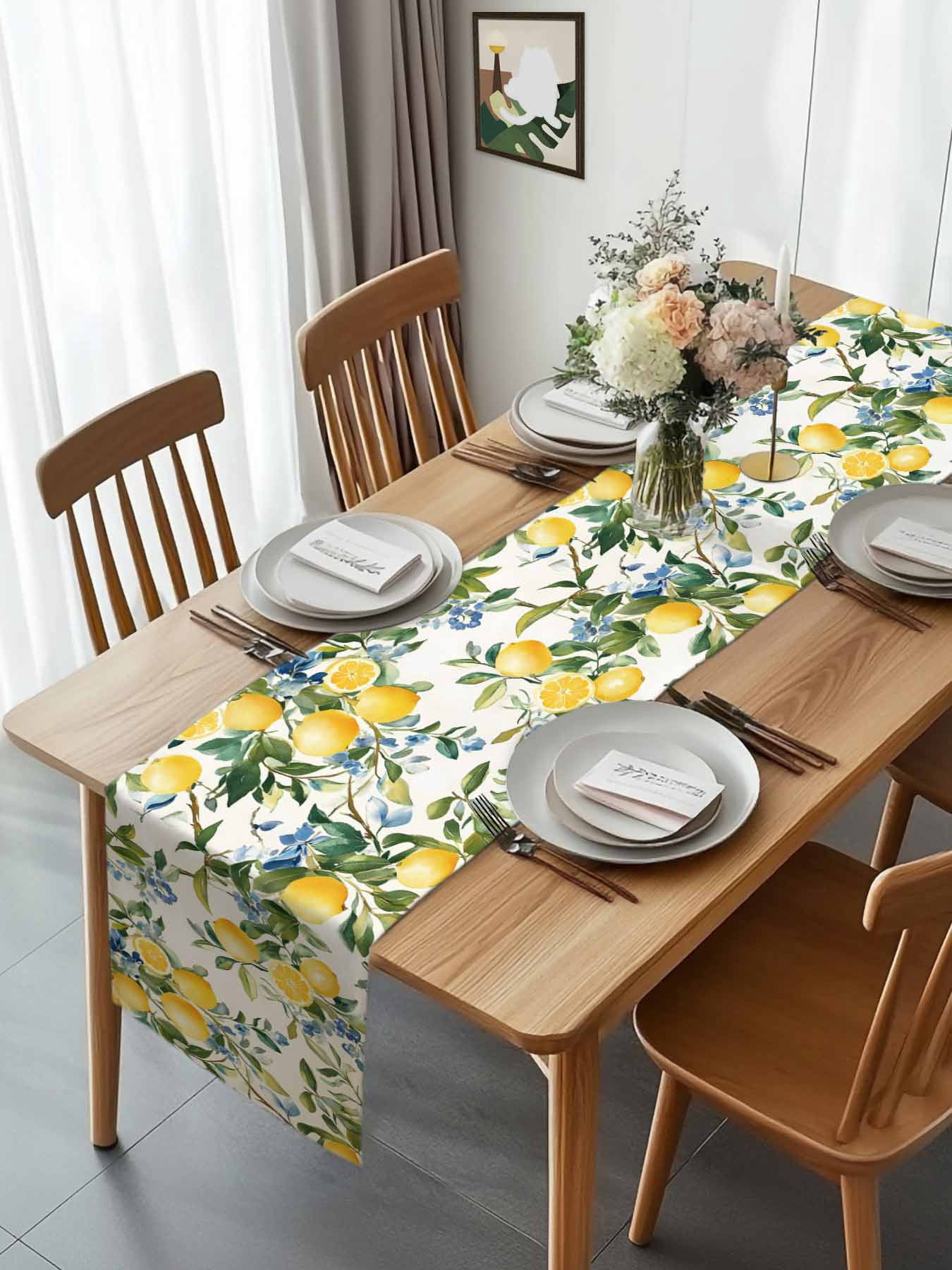 Vintage Summer Lemon Tree Table Runner 90 Inches Long, Spring Blue Flower Leaves Table Runners Tabletop Scarf Kitchen Dining Tables Decoration for Home Party Indoor Outdoor