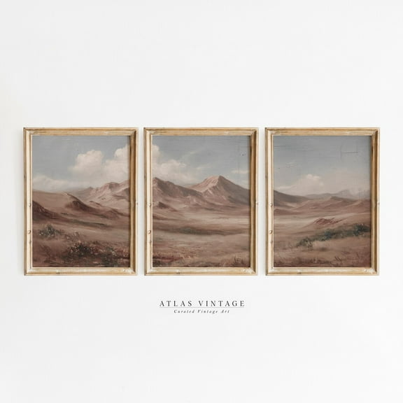 Vintage Summer Mountain Gallery Wall Prints Desert Landscape Poster Triptych Rustic Western Decor, Stretched Canvas