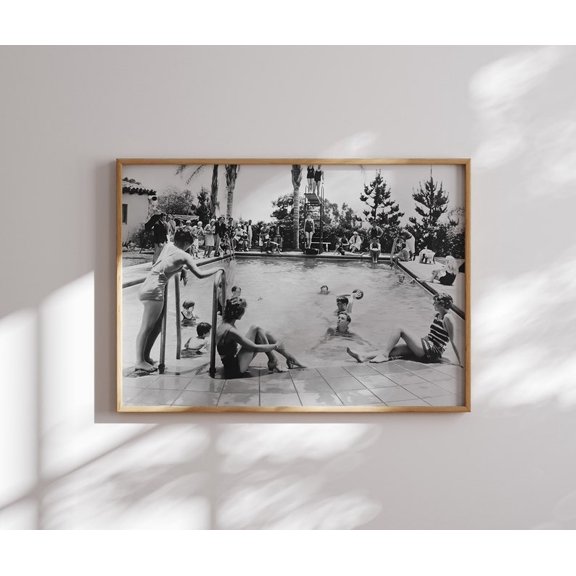 Vintage Summer Pool Scene Poster - Classic Black and White Photography Print - Retro Outdoor Leisure Wall Decor Artwork Size 24x36 Unframed Poster