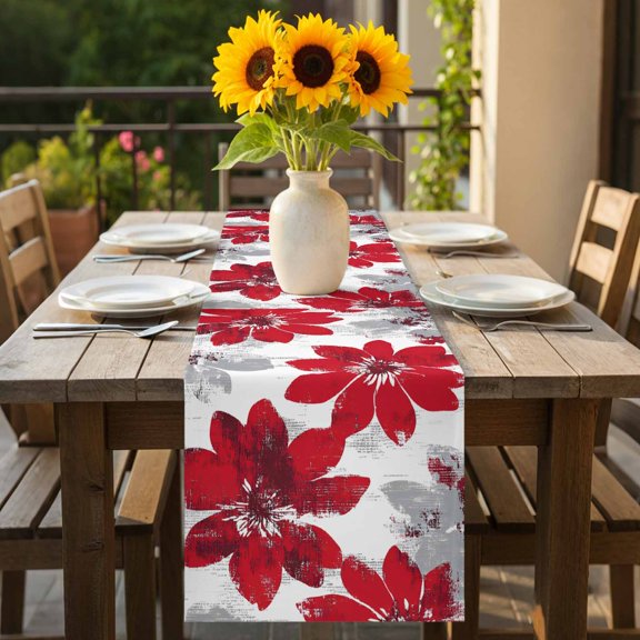Vintage Summer Red Grey Flowers Table Runner 36 Inches Long,Kitchen Dining Tablerunners Rustic Blossom Floral Field Linen Table Runners Dresser Scarves for Home Dinner Wedding Holiday Party Decor