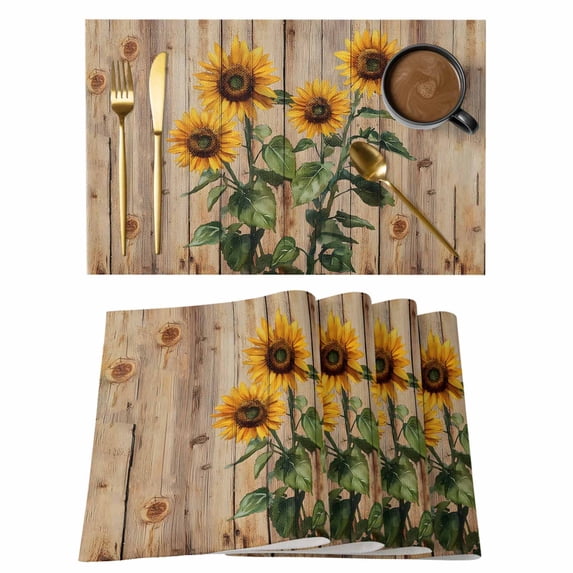 Vintage Summer Sunflower Placemats Set of 1, Yellow Flroal Wood Texture Non-Slip Place Mats Washable Table Mats for Kitchen Dining Table Decorations Indoor/Outdoor