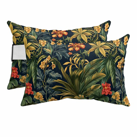 Vintage Summer Tropical Rainforest Plant Outdoor Pillow for Chaise Lounge Chair,Head Resting Pillow with Insert, Flower and Leaves Waterproof Lumbar Pillows for Patio Beach Chair,11"x16" 2 Pack