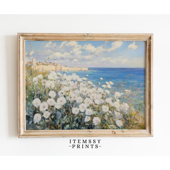 Vintage Summer Wildflower Field Coastal Poster, Beach Landscape Art, Farmhouse Spring Wall Decor, Floral Sea, 8x12 UNFRAMED