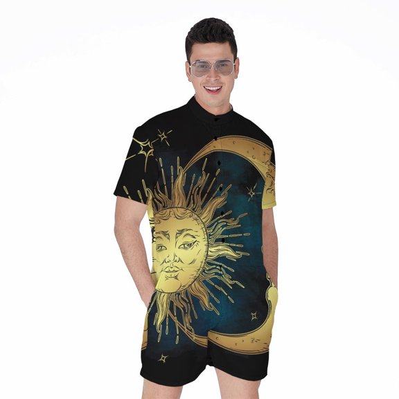 Vintage Sun And Moon Short Sleeve Men'S Rompers, Sun Light Sunny Casual Summer Jumpsuits Outfit