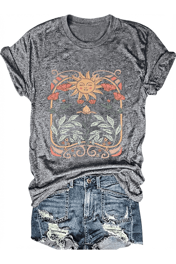 Vintage Sun Boho Tops for Women, Womens T Shirts Graphic Art(Gray,XL)