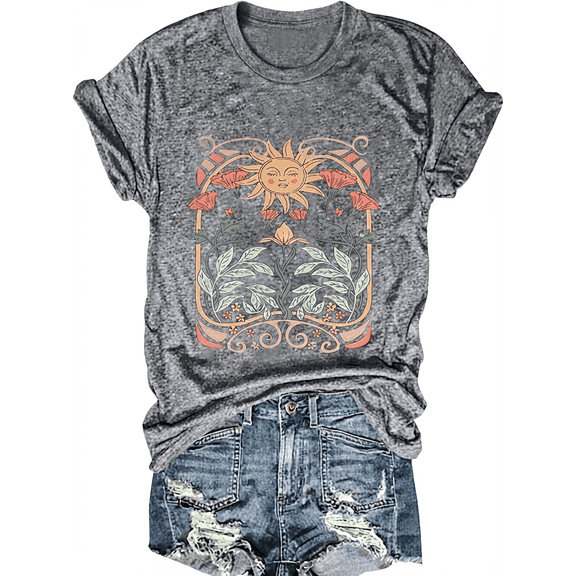 Vintage Sun Boho Tops for Women, Womens T Shirts Graphic Art(Gray,XL)