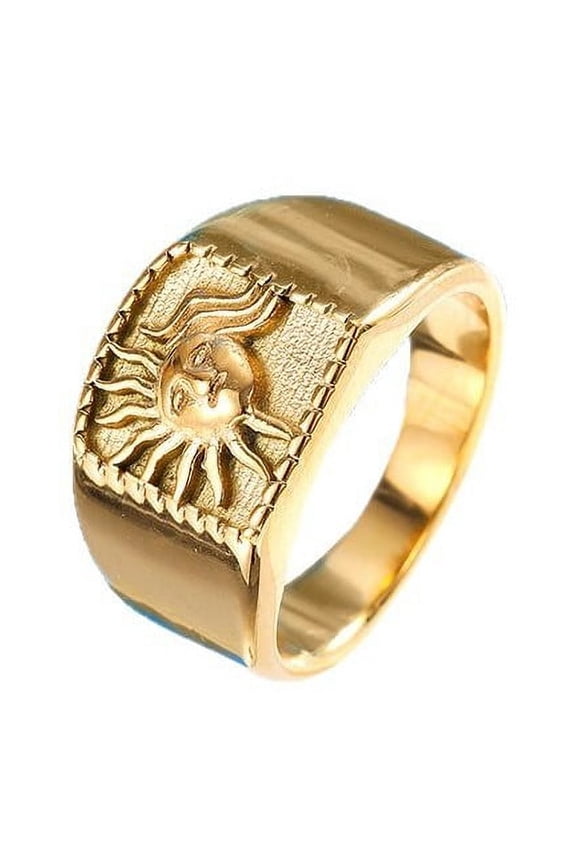 Vintage Sun Geometry Ring Trend High Quality 14K Yellow Gold Wide Rings Jewelry Women