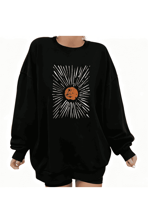 Vintage Sun Line Graphic Fashion Breathable Tee T-Shirt Top Print Round-neck long-sleeved Black S-3XL