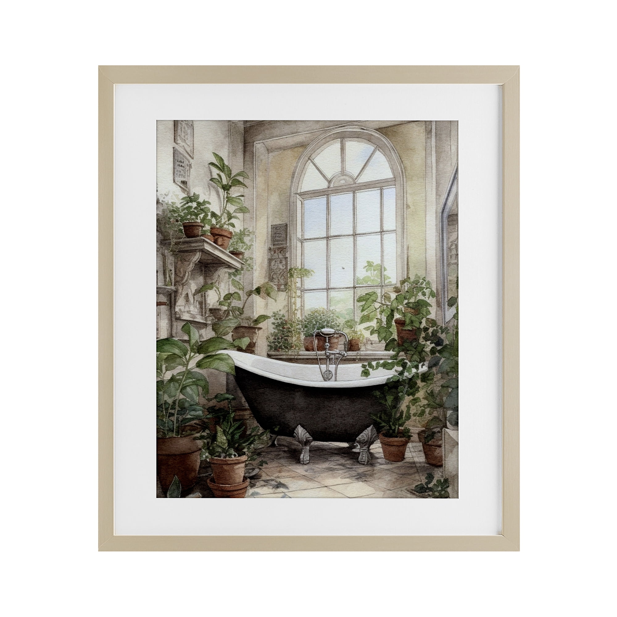 Vintage Sun Lit Bathtub Birch Framed Print Under Glass, design by Lettered and Lined