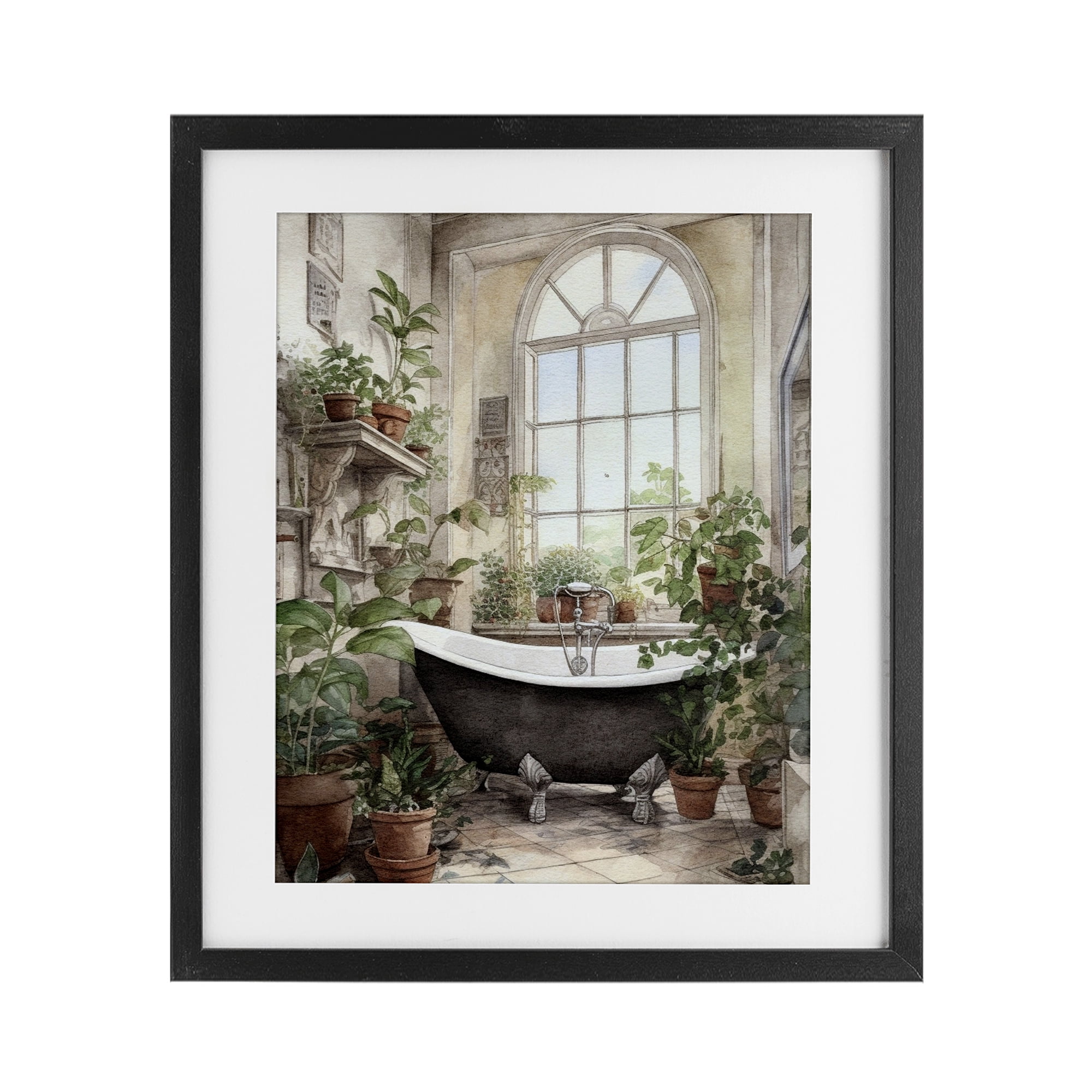 Vintage Sun Lit Bathtub Black Framed Print Under Glass, design by Lettered and Lined