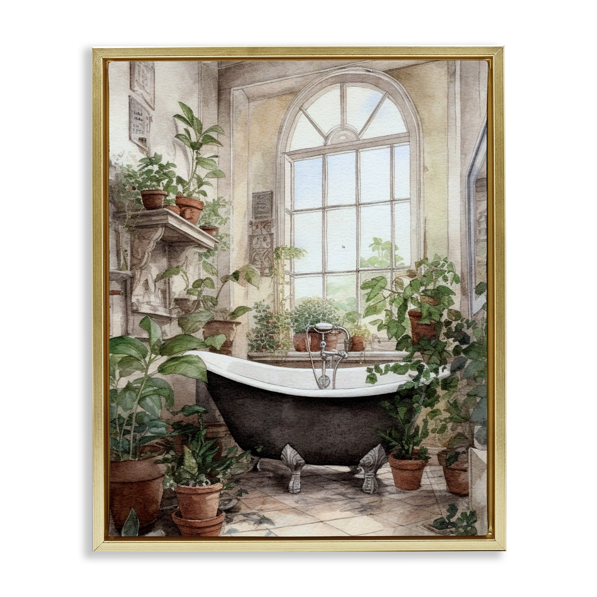 Vintage Sun Lit Bathtub Gold Framed Floater Canvas Wall Art, design by Lettered and Lined