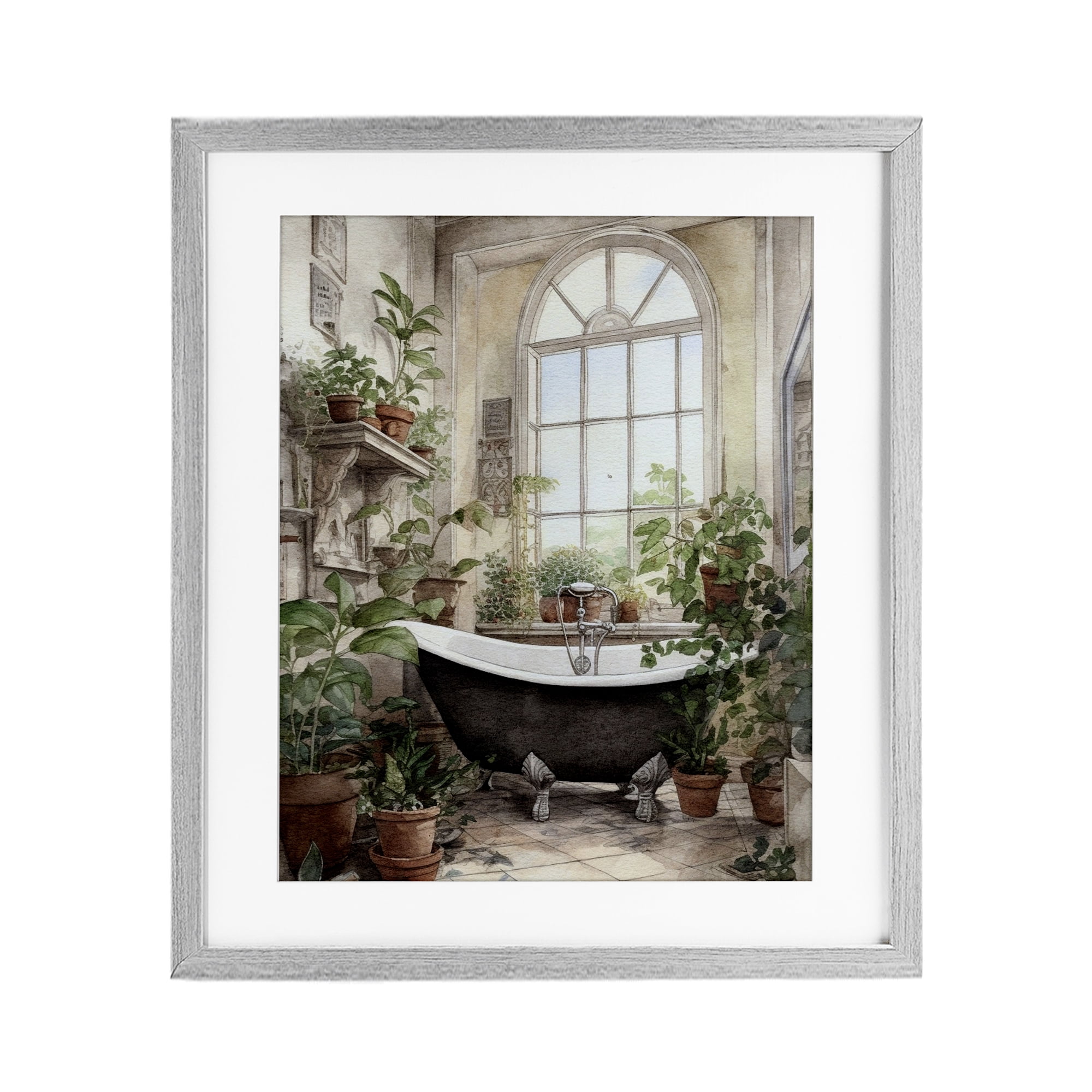 Vintage Sun Lit Bathtub Gray Framed Print Under Glass, design by Lettered and Lined