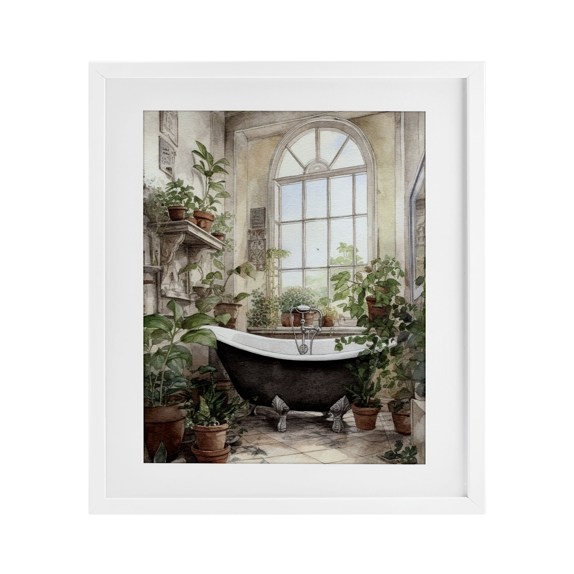 Vintage Sun Lit Bathtub White Framed Print Under Glass, design by Lettered and Lined