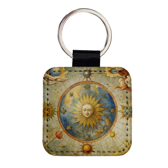 Vintage Sun Moon Celestial Map Faux Leather Square Keychain