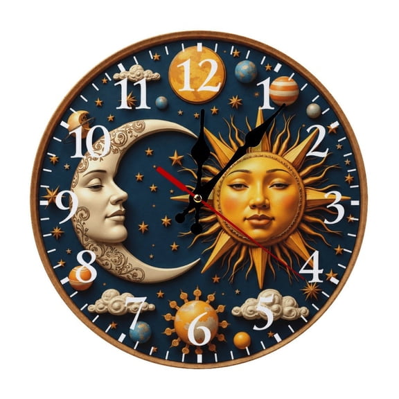 Vintage Sun & Moon Celestial Print Round Wooden Wall Clock, Silent Non-Ticking Decor Clock for Home Multi Room Use