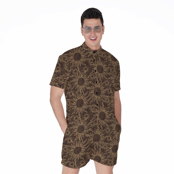 Vintage Sun Pattern Short Sleeve Men'S Rompers, Sun Light Sunny Casual Summer Jumpsuits Outfit