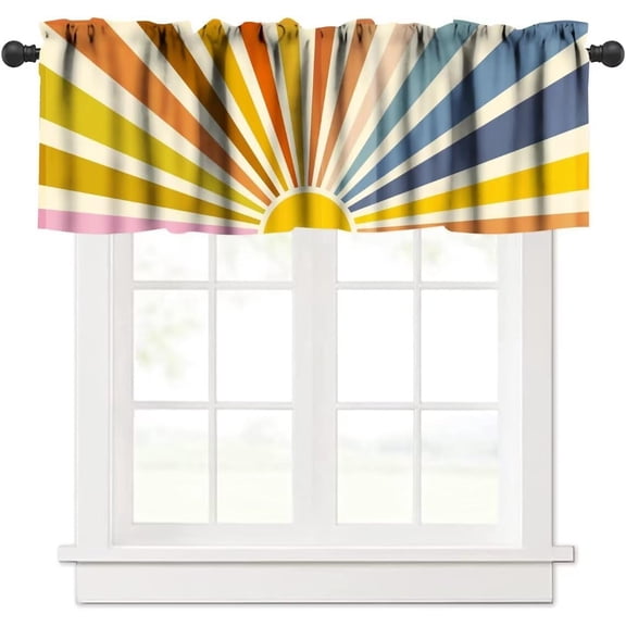 Vintage Sun Window Valance, Boho Rainbow Abstract Retro 70s Sunrise Sunset Hippie Groovy Art Printed Blackout Valance Curtain for Living Room Bedroom, 54x18in