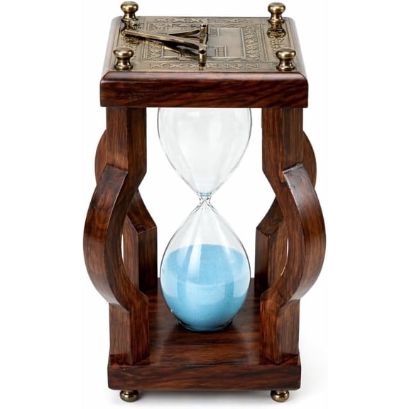 Vintage Sundial Brass & Solid Wood Hourglass Sand Timer Decorative Nautical Antique Style Handcrafted Blue Sand Clock for Home, Office, Desk & Shelf Decor