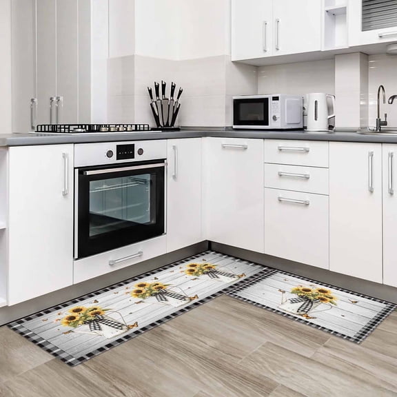Vintage Sunflower 2 Pieces Non-Slip Kitchen Mat Set Spring Floral Summer Botanical Plaid Soft Door Mat with Rubber Backing,Dirtproof Rugs for Entrance Doorway 23.6x35.4in+23.6x70.9in