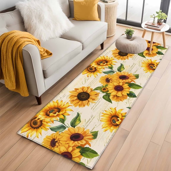 Vintage Sunflower 2'x6' Runner Rugs for Hallway Kitchen Bedside Non Slip, Yellow Flowers Summer Botanical Retro Art Entryway Rug Runners with Rubber Backing, Long Carpet Runner for Laundry Room