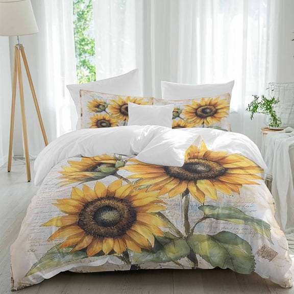 Vintage Sunflower 4 Piece Duvet Cover Set California King Size Rustic Yellow Floral Flower Blossom Leaf Soft Bedding Set Comforter Cover, 1 Duvet Cover 1 Flat Sheets and 2 Pillowcases