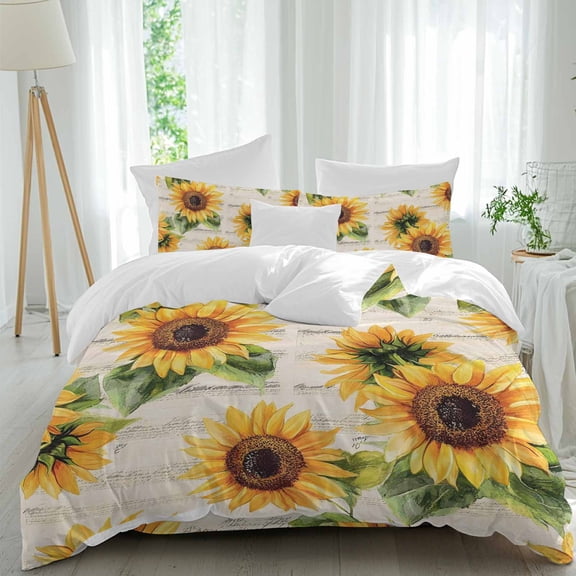 Vintage Sunflower 4 Piece Duvet Cover Set Full Size Watercolor Flowers Soft Bedding Set Comforter Cover, 1 Duvet Cover 1 Flat Sheets and 2 Pillowcases