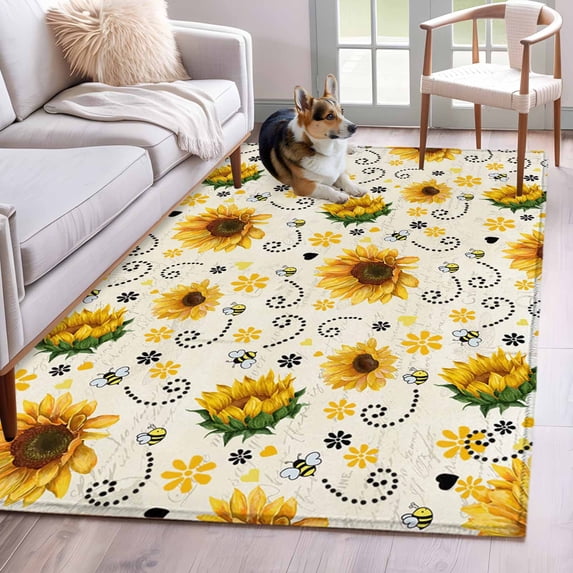 Vintage Sunflower Area Rugs 2.7'x5', Washable Small Throw Rugs for Kitchen Bedroom, Summer Botanical Farmhouse Floral Indoor Outdoor Rug Non-Slip Low Pile Carpet Runner Reversible Floor Mats