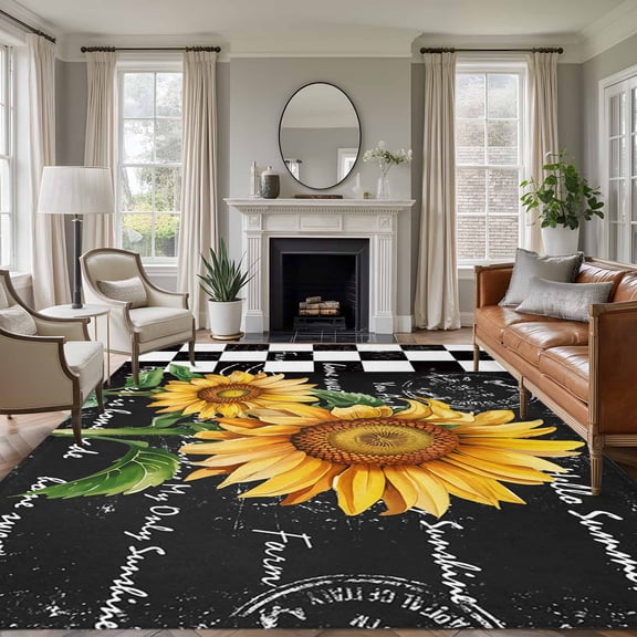 Vintage Sunflower Area Rugs 6'x9', Small Throw Rugs for Kitchen Dining room, Yellow Flowers Retro Art Black White Plaid Indoor Outdoor Rug Non-Slip Low Pile Carpet Runner Reversible Floor Mats