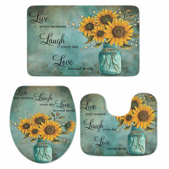 Vintage Sunflower Bath Mat 3 Piece Bathroom Rug Set, Teal Retro Summer Botanical Floral Non Slip Bath Rug Contour Mat and Toilet Lid Cover, Absorbent Shower Mats Soft Bath Rugs and Mats Sets