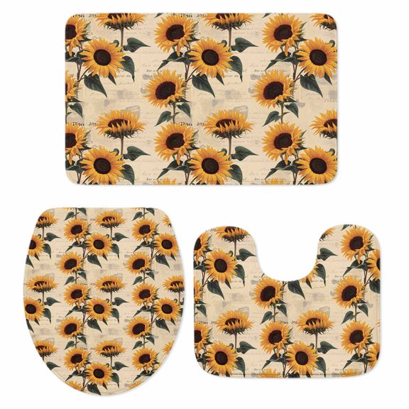 Vintage Sunflower Bath Mat 3 Piece Bathroom Rug Set, Watercolor Summer Botanical Non Slip Bath Rug Contour Mat and Toilet Lid Cover, Absorbent Shower Mats Soft Bath Rugs and Mats Sets