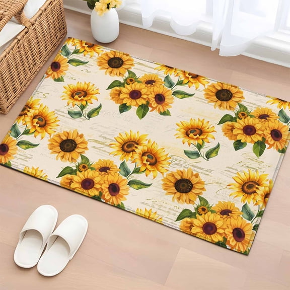 Vintage Sunflower Bathroom Rug Washable 2x3 Entryway Rug Non Slip Yellow Flowers Summer Botanical Retro Art Front Door Mat Low Pile Indoor Doormat Throw Floor Carpet for Kitchen Bedroom Entrance