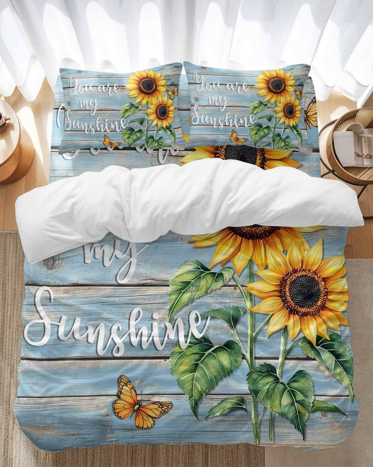 Vintage Sunflower Bedding Duvet Cover Set King 4 Pieces You Are My Sun Shine Butterfly Blue Wood Board Bedding Set with Zipper Closure,1 Comforter Cover 92x106 Inches 1 Flat Sheet & 2 Pillow Cases