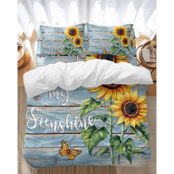 Vintage Sunflower Bedding Duvet Cover Set Twin 4 Pieces You Are My Sun Shine Butterfly Blue Wood Board Bedding Set with Zipper Closure,1 Comforter Cover 68x86 Inches 1 Flat Sheet & 2 Pillow Cases