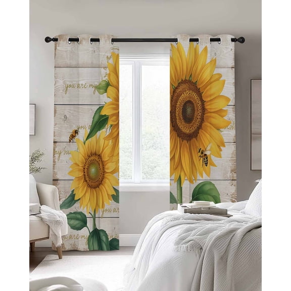 Vintage Sunflower Bee Blackout Curtains 2 Panels Yellow Floral Wood Grain Farmhouse Thermal Insulated Grommet Window Curtains for Bedroom Living Room 52"x96"