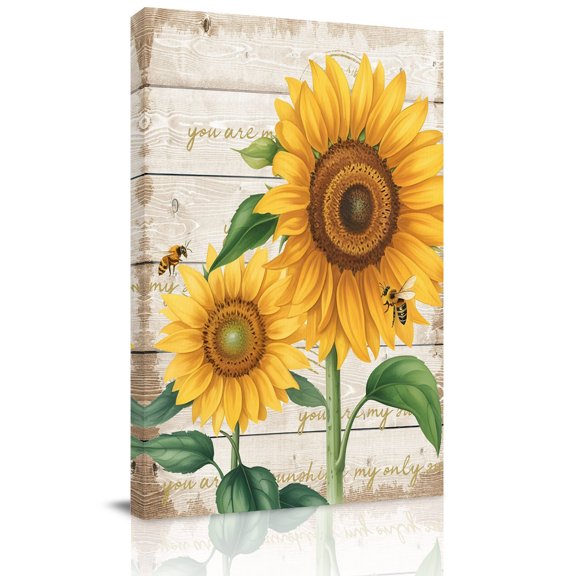 Vintage Sunflower Bee Canvas Wall Art for Living Room, Yellow Floral Wood Grain Farmhouse Wall Decor Framed Artwork Pictures Ready to Hang for Bedroom Office Home Decor