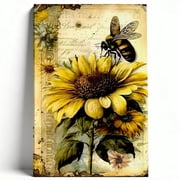 Vintage Sunflower Botanical Canvas Wall Art, Retro Bee Floral Artwork Picture, Rustic Farmhouse Decor Gift for Bathroom Kitchen Home, Framed, 8"x12"