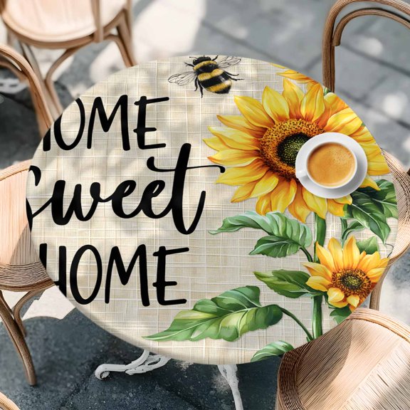 Vintage Sunflower Bee on Linen Round Fitted Tablecloth with Elastic Edge,Waterproof Table Cloth Fits Tables Up to 55"-60",Wipeable Washable Table Cover for Indoor Outdoor Dinning,Summer Floral Leaf
