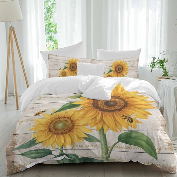 Vintage Sunflower Bee Queen Size Comforter Set, Yellow Floral Wood Grain Farmhouse Bedding for All Seasons, 4 Pcs Bed Set, 1Quiltcover (90"x92") ,1Sheet(94"x116"), 2Pillowcases (30"x20")