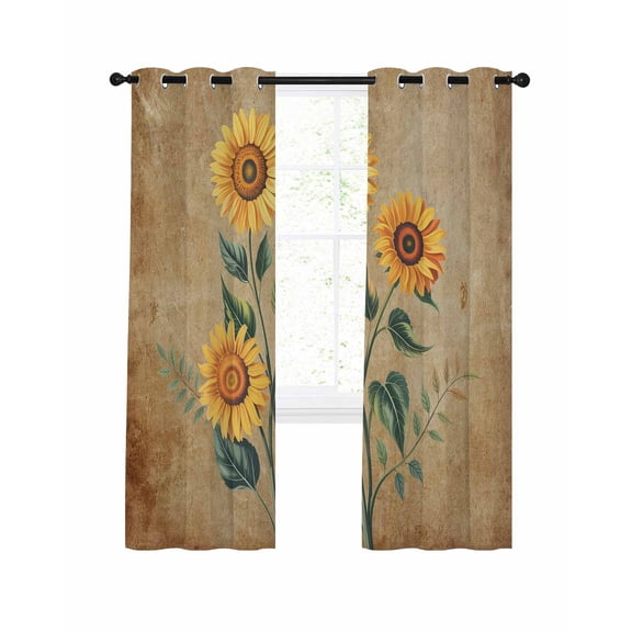 Vintage Sunflower Blackout Curtains for Bedroom Living Room, Flower Brown Botanical Country 45 In Long Thermal Insulated Room Darkening Drapes Grommet Window Treatments, 42 x 45 In
