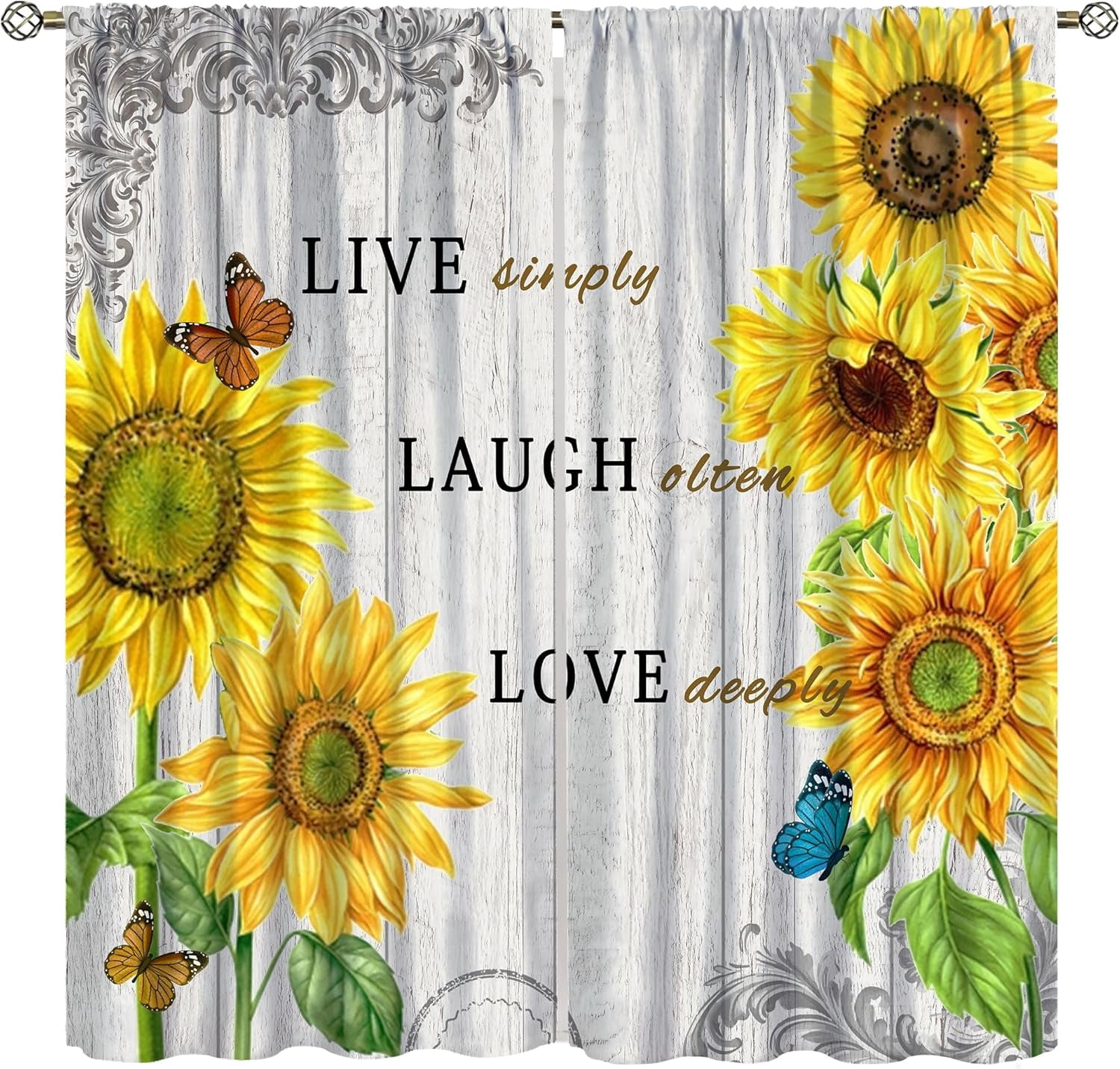 Vintage Sunflower Blackout Curtains for Kitchen,Rustic Wooden Green Spring Nature Plants Butterflies Sunshine Flowers Window Drapes Print for Kids Girls Bedroom Bathroom Living Room 42x54in