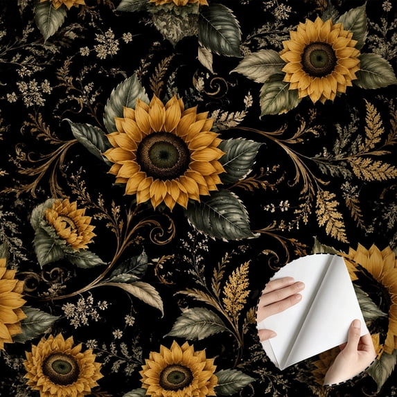 Vintage Sunflower Botanical Wallpaper, Farmhouse Floral Peel and Stick Wallpaper Waterproof Wall Decoration for Living Room Bedroom Kitchen Cabinet Rental Property 17.7 * 118 in