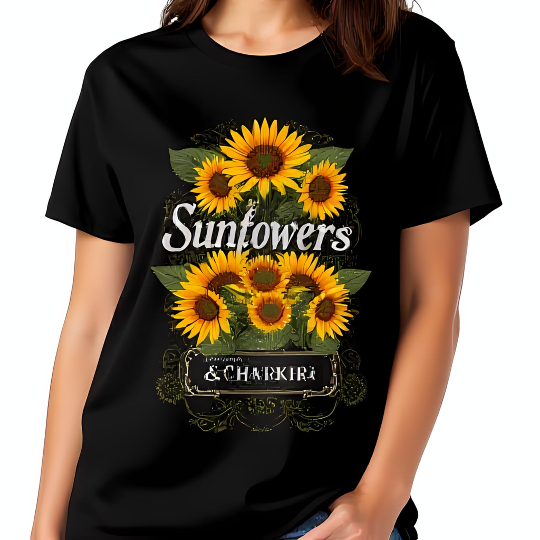 Vintage Sunflower Bouquet Black T-Shirt with Sunflowers & Charkiri  