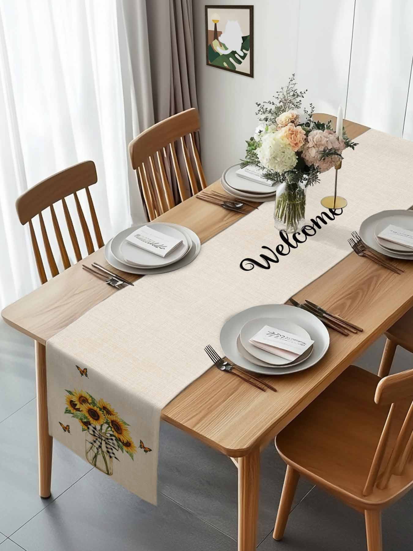 Vintage Sunflower Butterfly on Linen Table Runner 90 Inches Long, Welcome Seasonal Floral Bow Table Runners Tabletop Scarf Kitchen Dining Tables Decoration for Home Party Indoor Outdoor