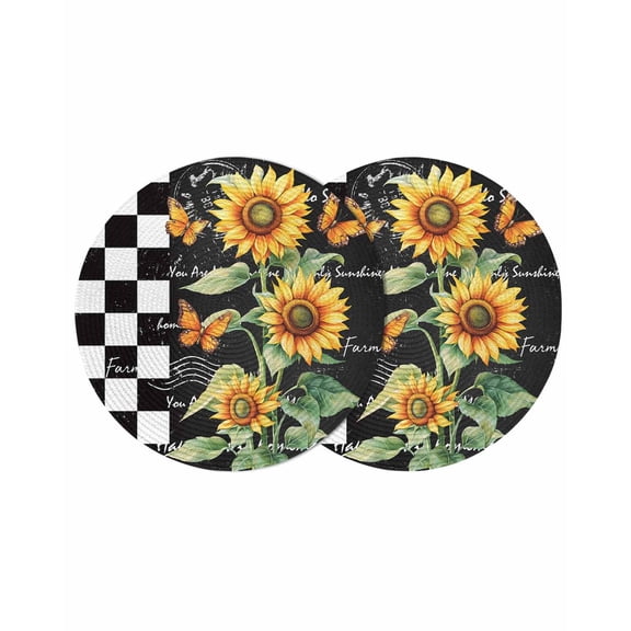 Vintage Sunflower Butterfly Round Table Placemats set of 2, Farmhouse Black White Checkered Plaid Washable Woven Place Mats for Dining Tables Kitchen Party Decor,Heat Proof, 13in,
