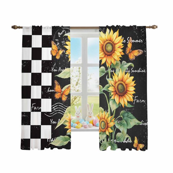 Vintage Sunflower Butterfly Sheer Curtains 63 Inch Long Rod Pocket Semi Transparent Light Filtering Window Drapes for Kitchen Bedroom Living Room,2 Panels, Farmhouse Black White Checkered Plaid