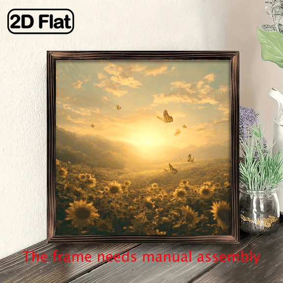 Vintage Sunflower Butterfly Wall Art - 8 Inch Wooden Framed Rustic Farmhouse Decor with Vibrant Summer Sunset Scene, Sunflowers Butterflies Painting for Living Room, Bedroom, Kitchen - Mother'S Day