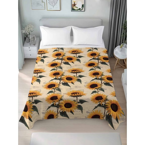 Vintage Sunflower California King Size Flat Sheet, Wrinkleproof & Fadeproof Cooling Flat Bed Sheet Only, Watercolor Summer Botanical Breathable Soft Bedding Top Sheets 108 x 98 Inches