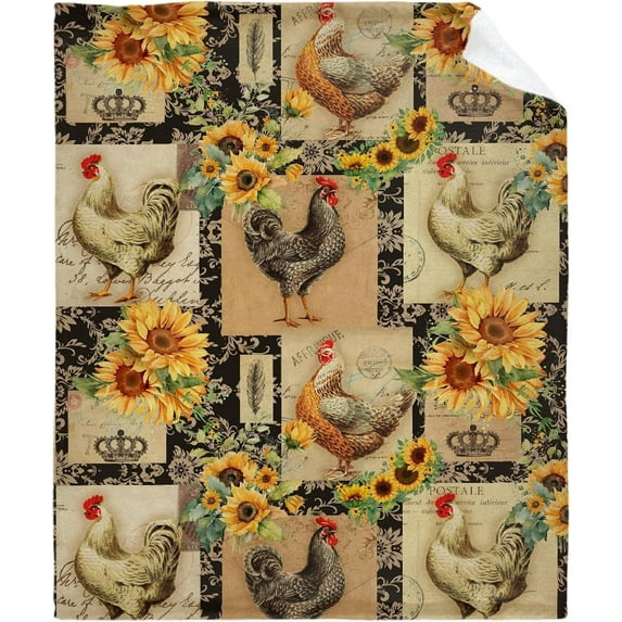 Vintage Sunflower Chicken Blanket Soft Flannel Lightweight Fleece Soft Gifts Throws Fuzzy Warm Cozy Bedding Blankets for All Season in Home Bed Sofa S 50"x40"（Throw） Kids